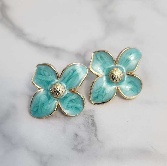 Gold and Green Enamel Flower Stud Earrings - Picture 4 of 8